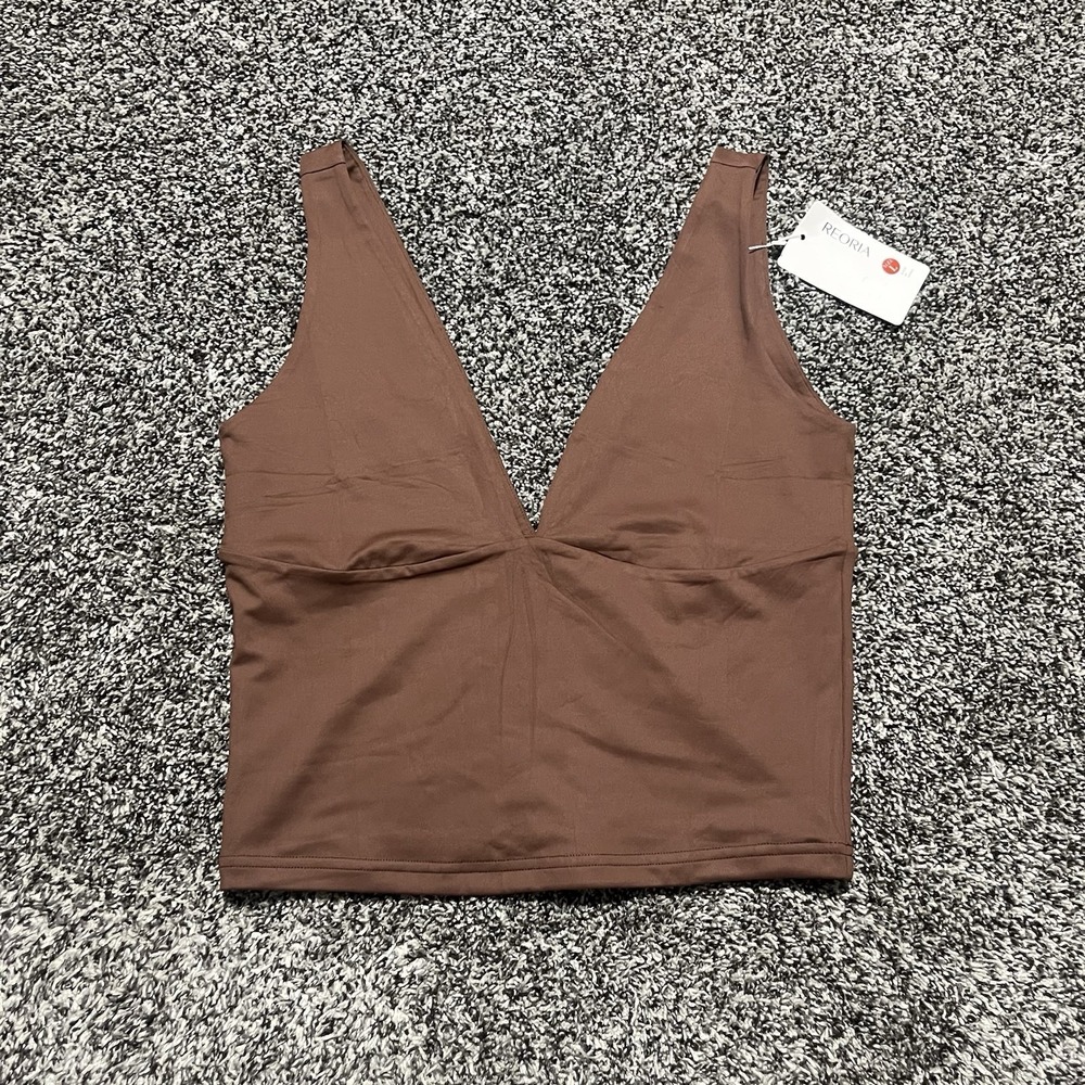Reoria Womens Brown V Neck Double Layered Thick Fabric Tank Size L